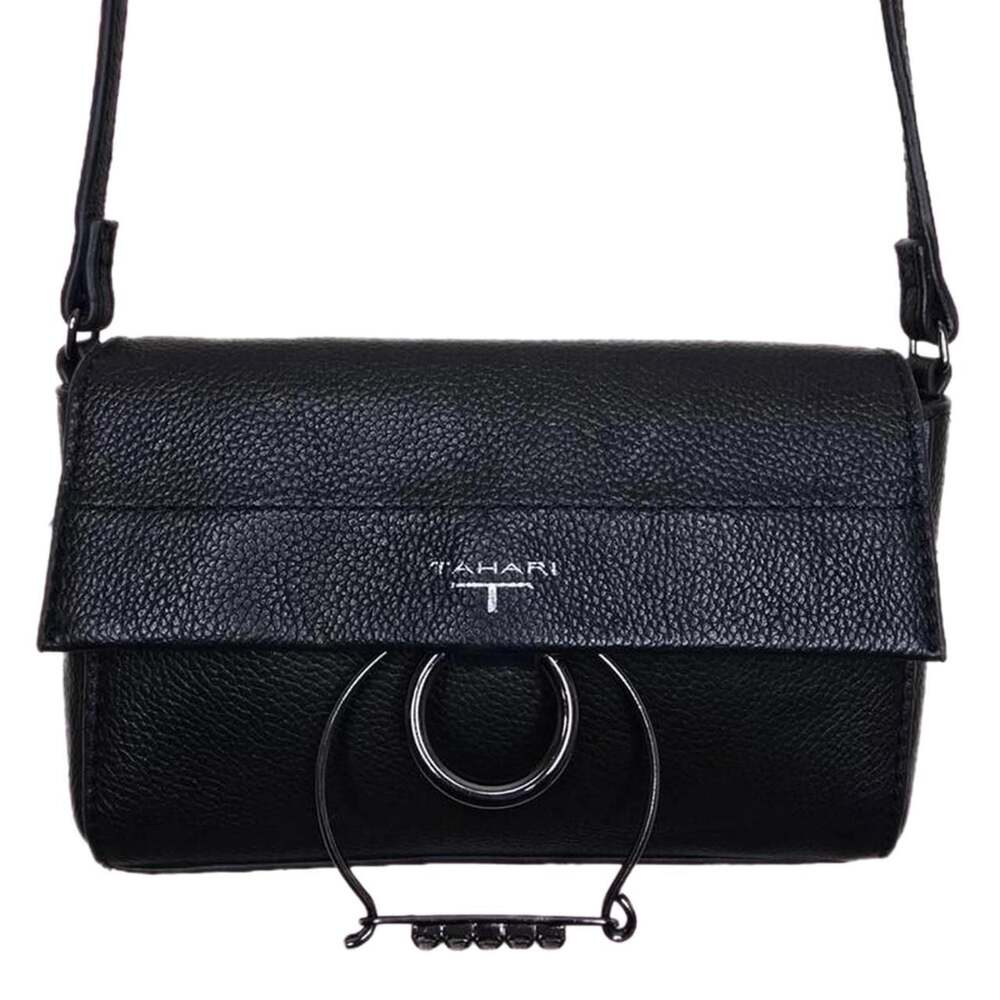 Tahari Black Pebbled Leather Mini Crossbody Bag with Removable Bracelet Hardware